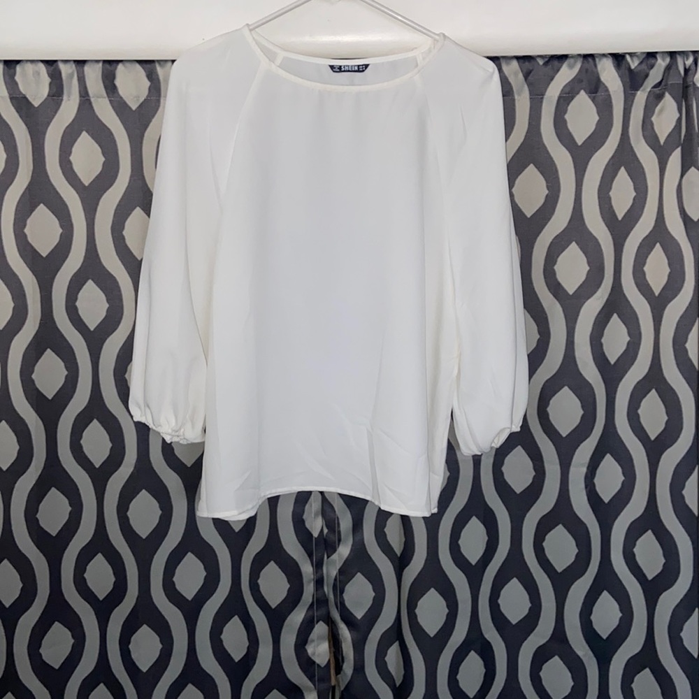 white long sleeve blouse with cuffed sleeves from shein.